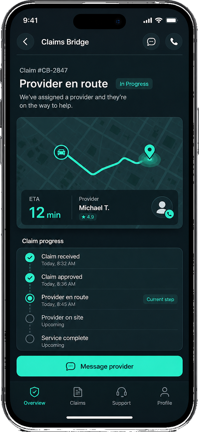 Claims Bridge customer app showing live claim tracking with provider ETA on a map