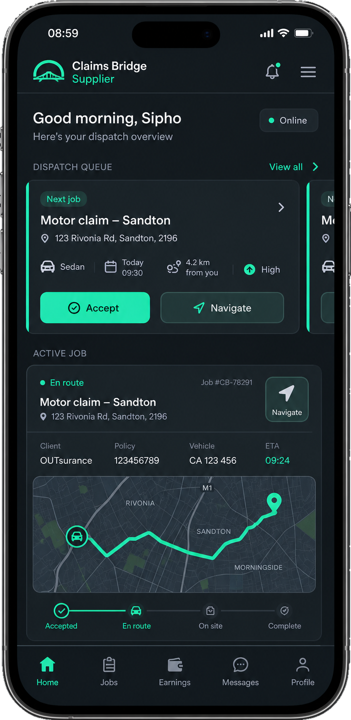 Claims Bridge supplier app showing active dispatch and en-route status